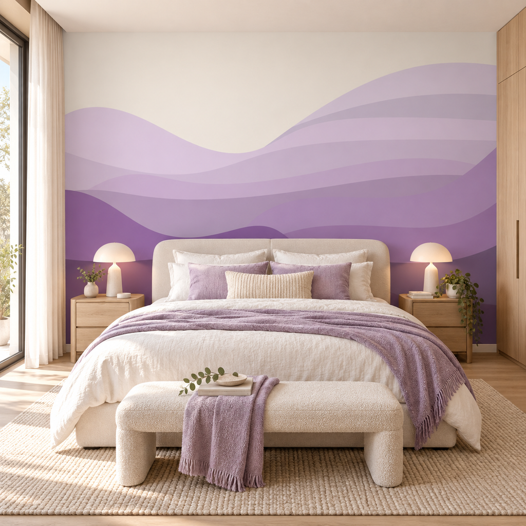 Lavender Drift peel and stick wallpaper mural styled on a feature wall