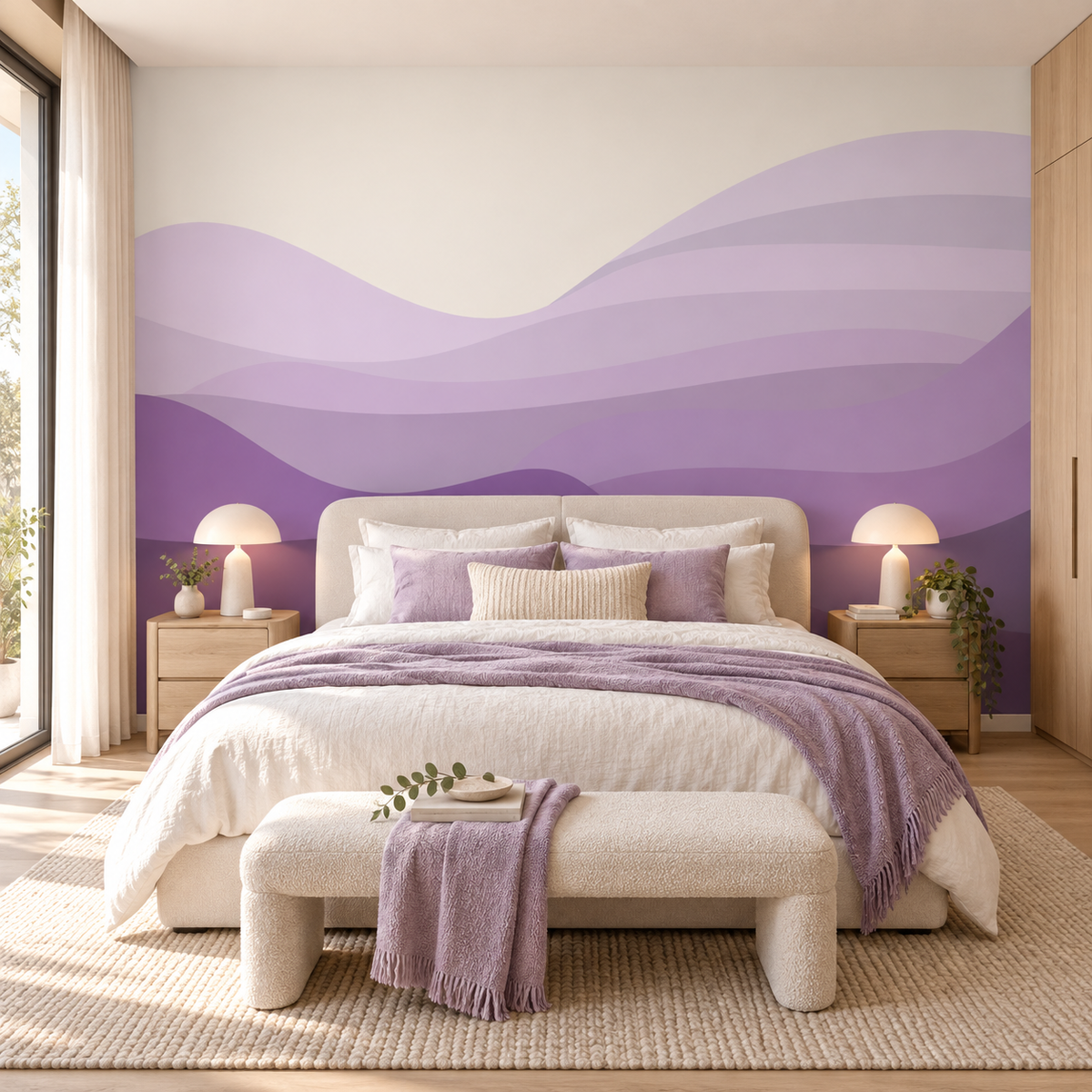 Lavender Drift peel and stick wallpaper mural styled on a feature wall
