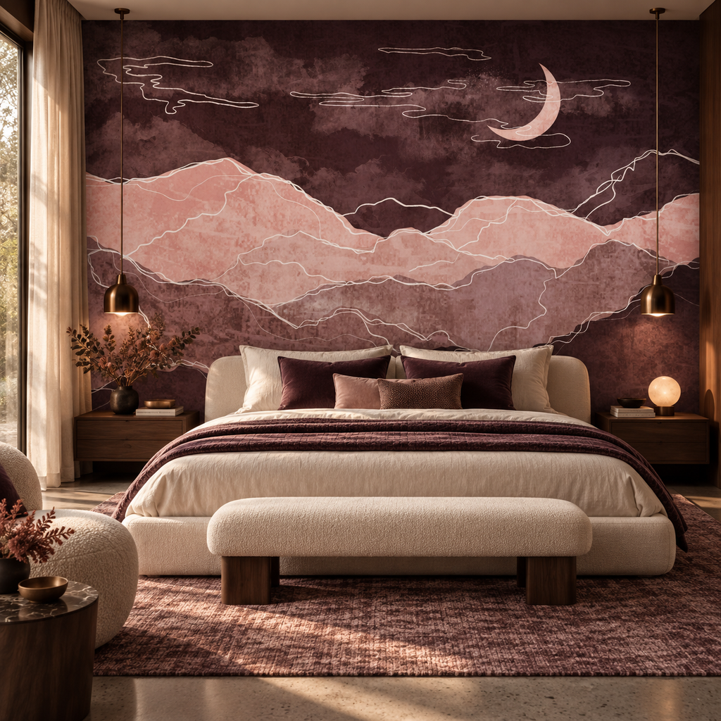 Midnight Blush peel and stick wallpaper mural styled on a feature wall