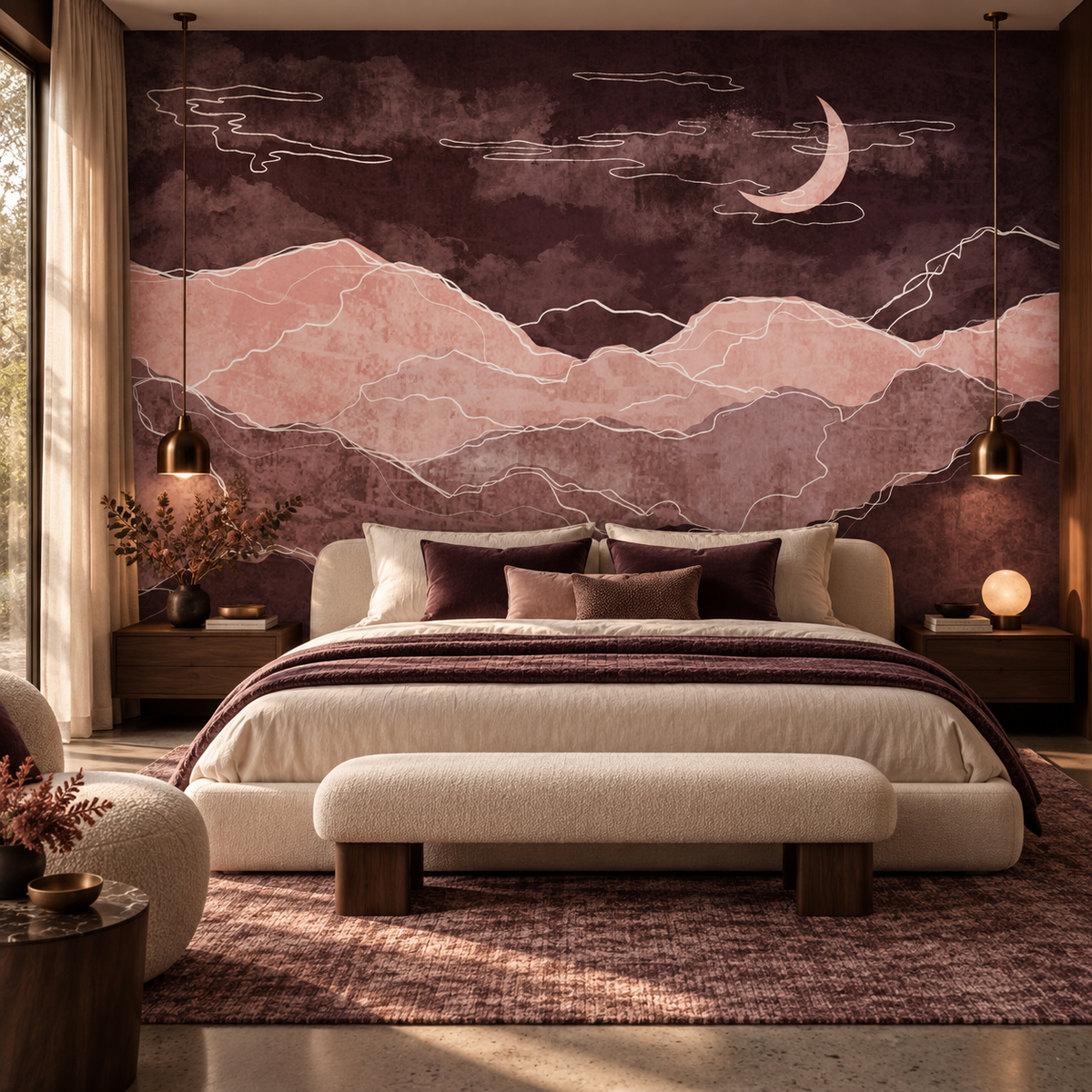Midnight Blush peel and stick wallpaper mural styled on a feature wall
