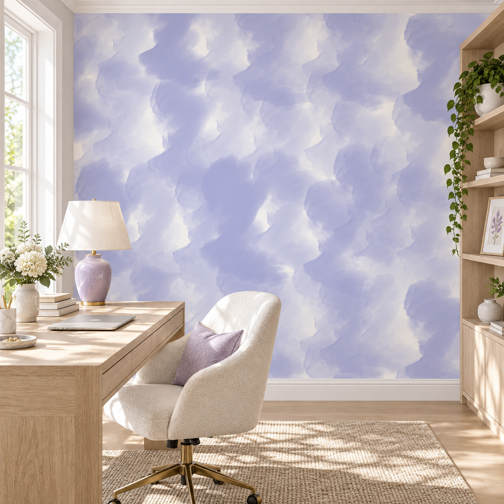 Lavender Cloud, peel and stick wallpaper styled on a feature wall