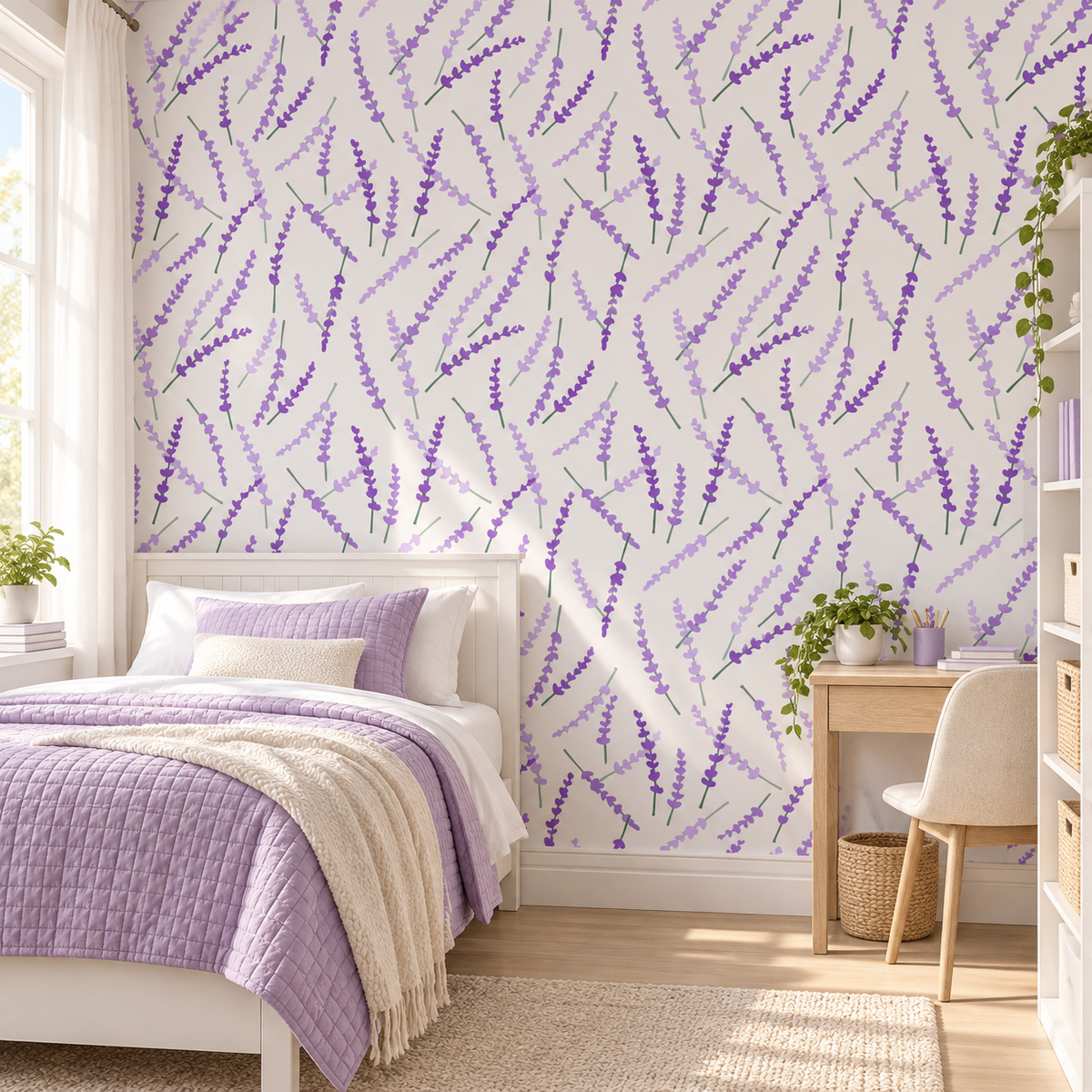 Lavender Fields peel and stick wallpaper styled on a feature wall
