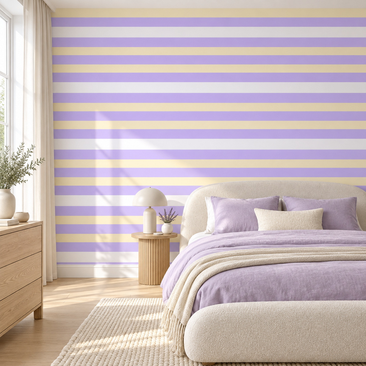 Lavender Sands, peel and stick wallpaper styled on a feature wall