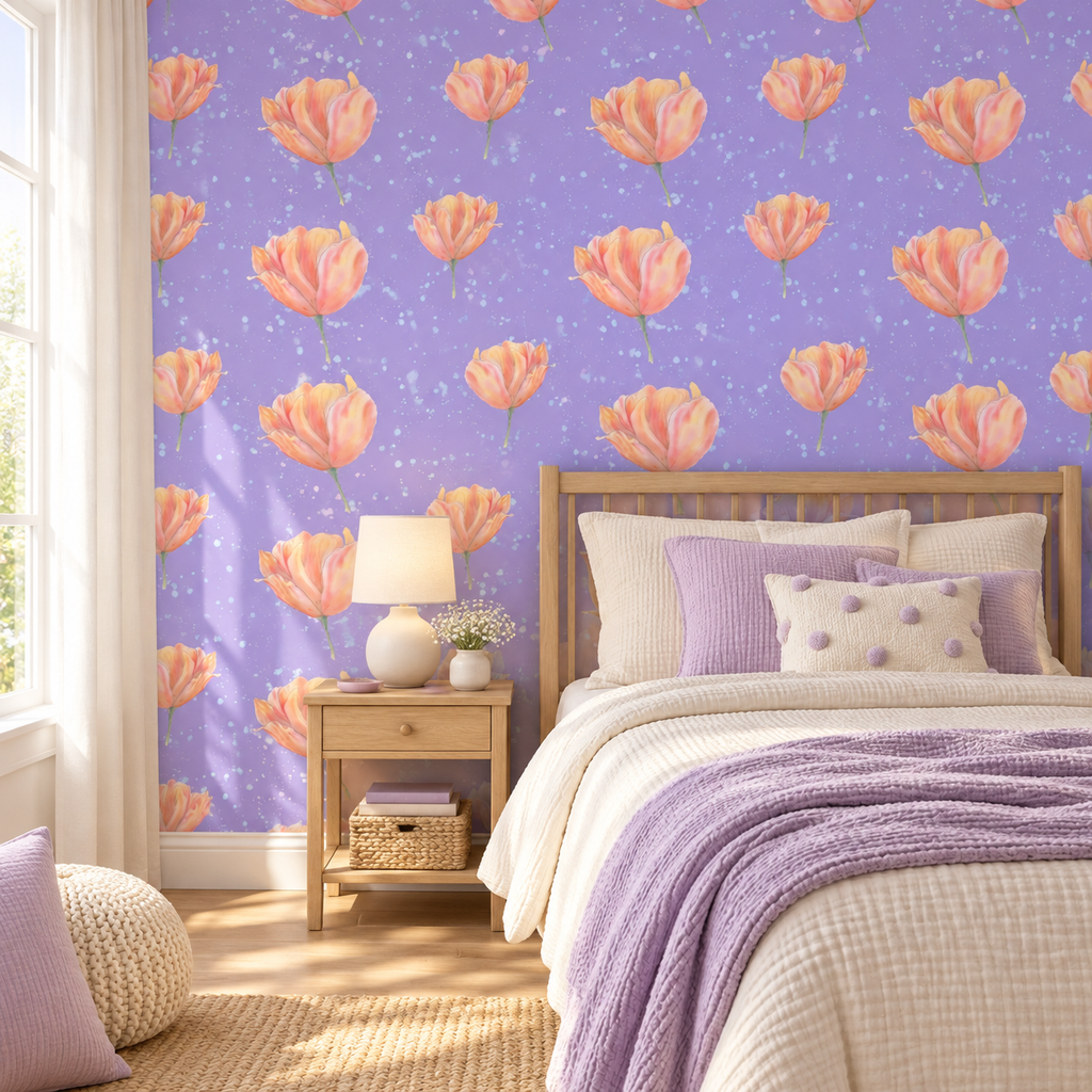 Lavender Tulips peel and stick wallpaper styled on a feature wall