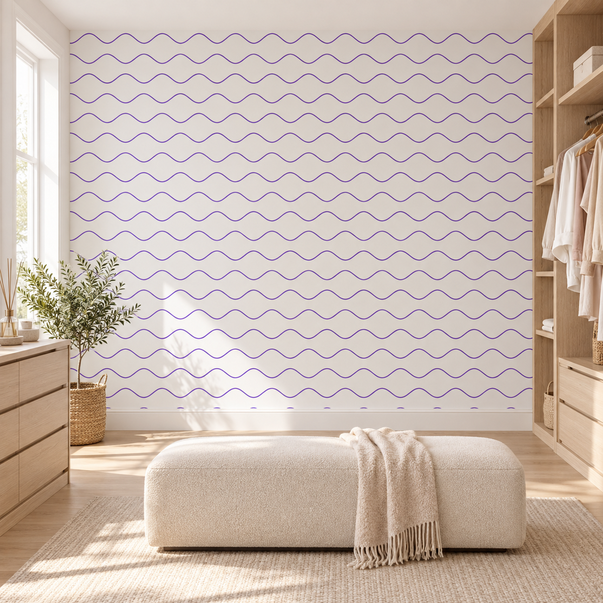 Lavender Waves, peel and stick wallpaper styled on a feature wall