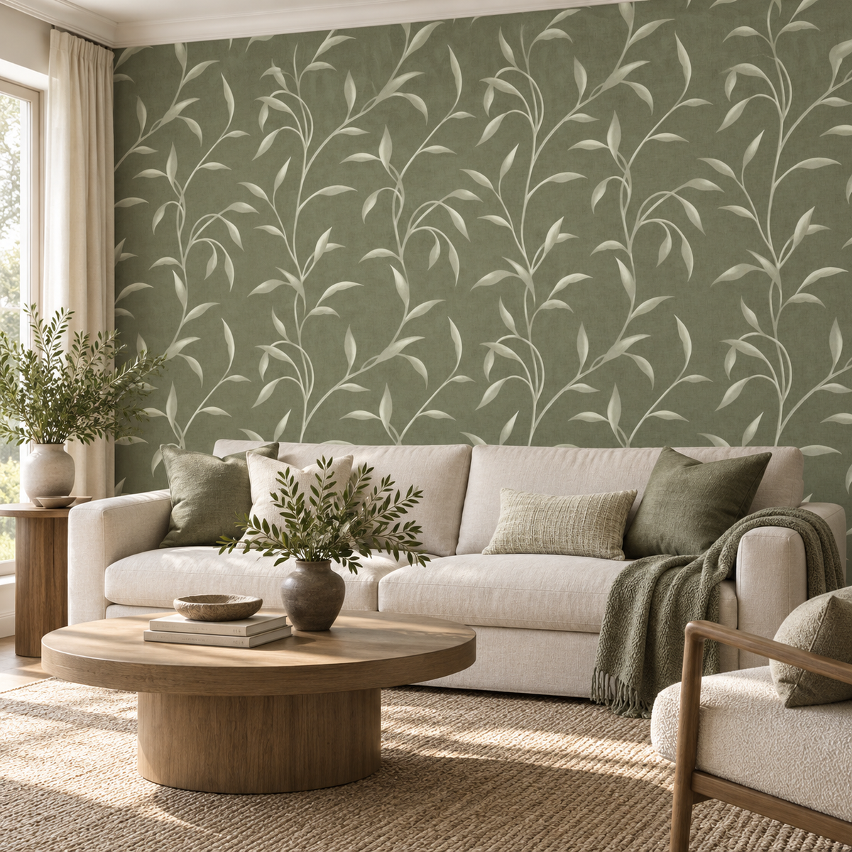 Leafy Vine in Dark Olive Green by Sarah Thorpe, peel and stick wallpaper styled on a feature wall