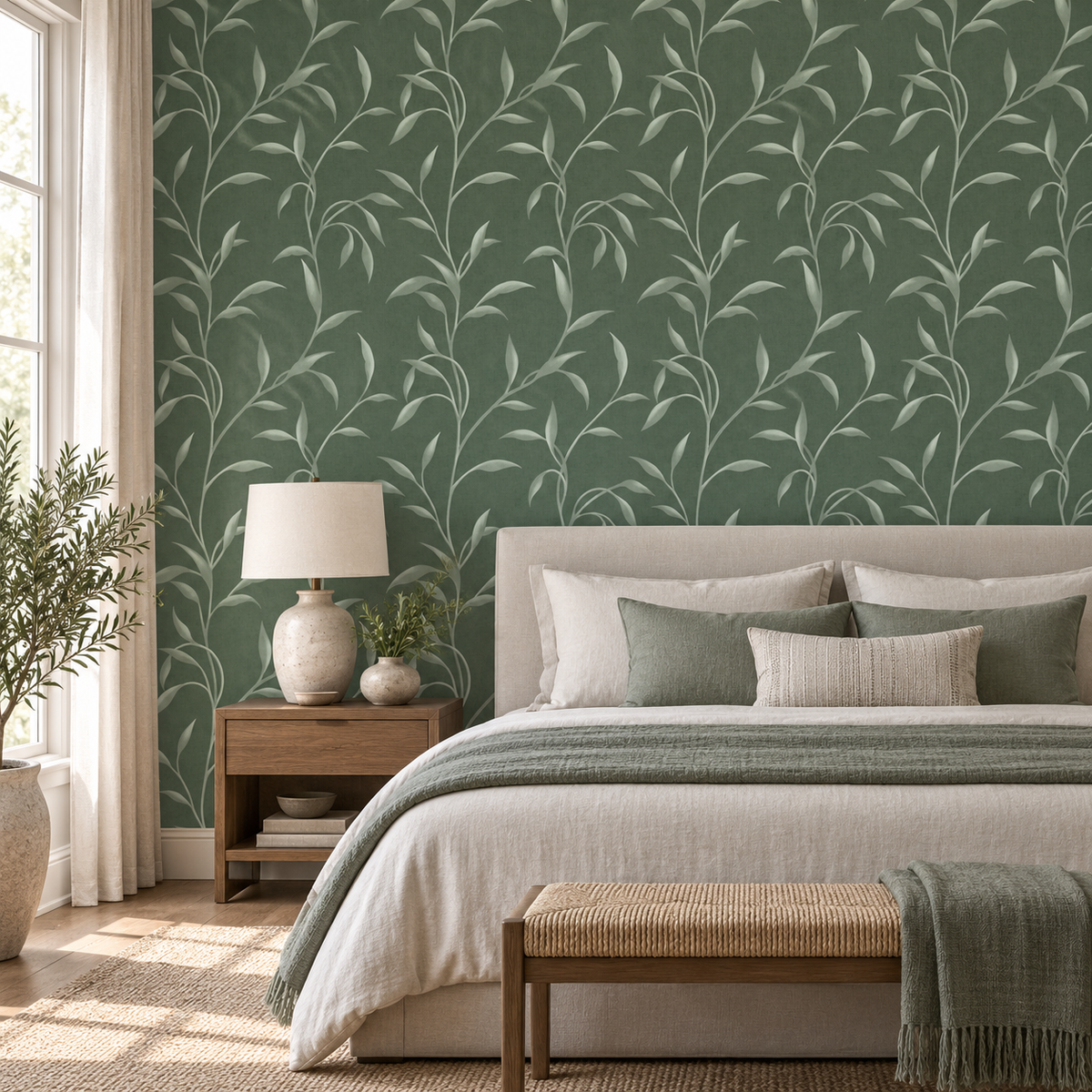 Leafy Vine in Dark Sage Green by Sarah Thorpe, peel and stick wallpaper styled on a feature wall