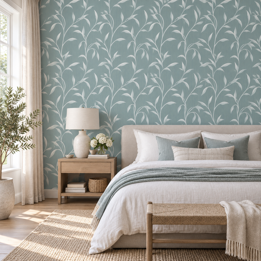 Leafy Vine in Dusty Blue by Sarah Thorpe, peel and stick wallpaper styled on a feature wall