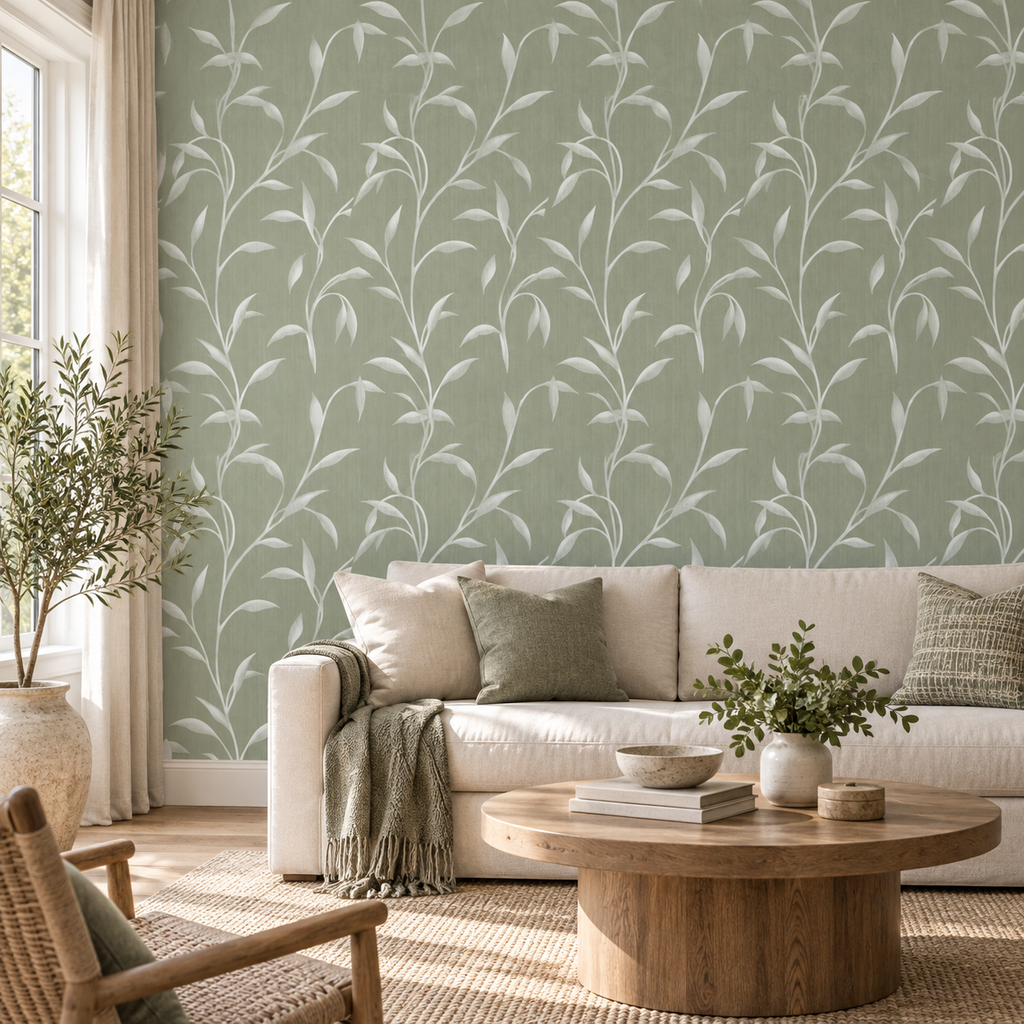 Leafy Vine in Green Beige by Sarah Thorpe, peel and stick wallpaper styled on a feature wall