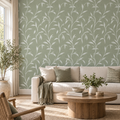 Leafy Vine in Green Beige by Sarah Thorpe, peel and stick wallpaper styled on a feature wall