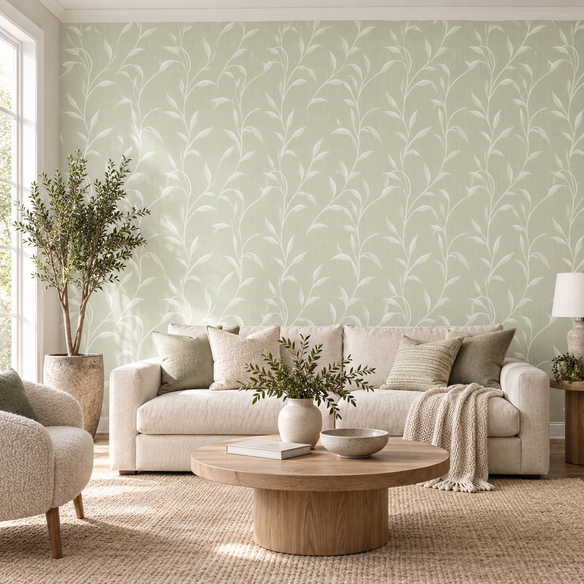 Leafy Vine in Light Natural by Sarah Thorpe, peel and stick wallpaper styled on a feature wall