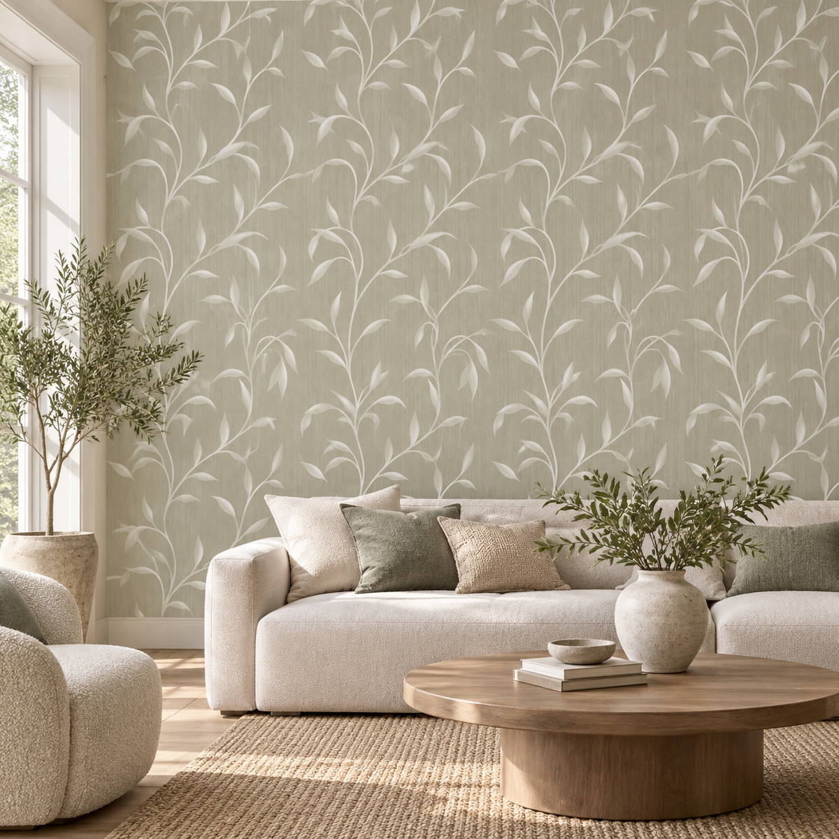 Leafy Vine in Natural Beige by Sarah Thorpe, peel and stick wallpaper styled on a feature wall