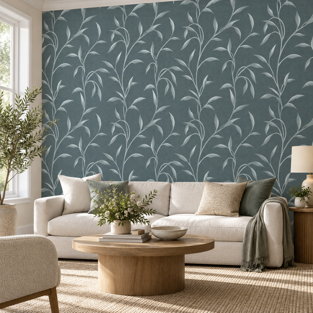 Leafy Vine in Steel Grey by Sarah Thorpe, peel and stick wallpaper styled on a feature wall