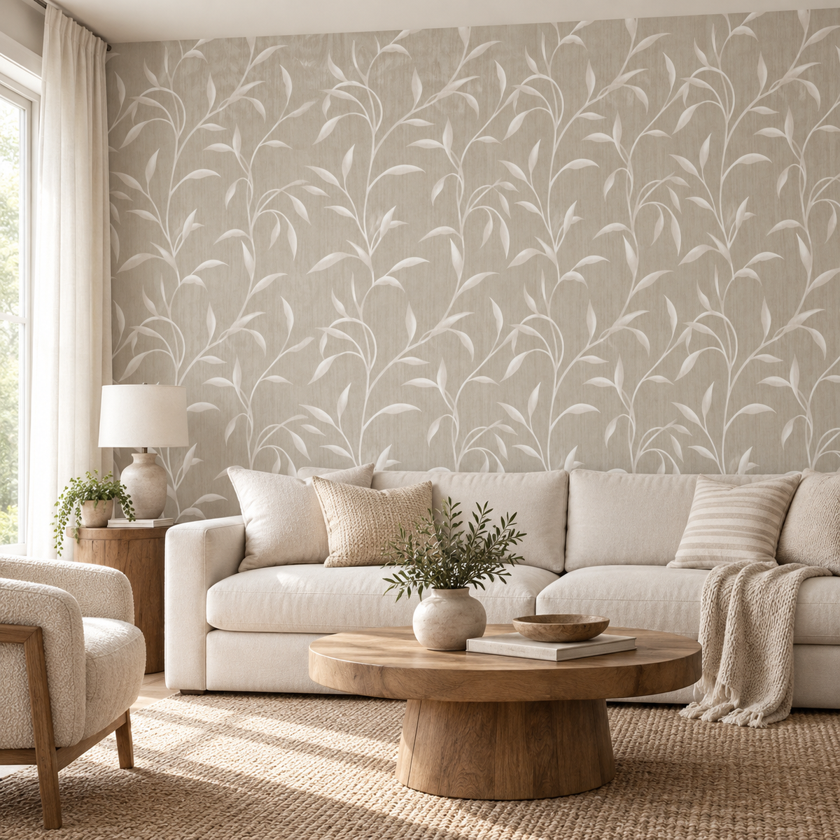 Leafy Vine in Warm Beige by Sarah Thorpe, peel and stick wallpaper styled on a feature wall