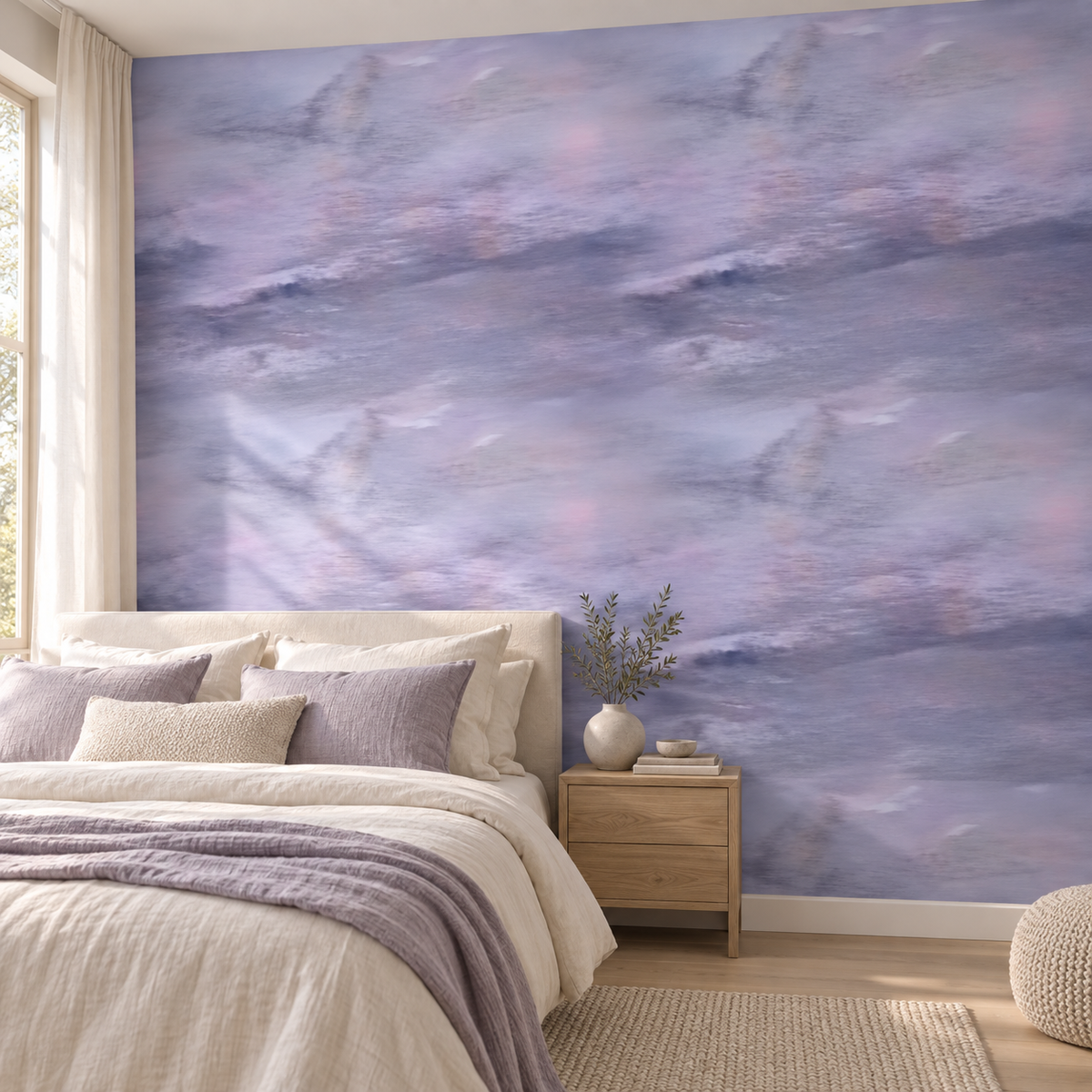 Lilac Haze, peel and stick wallpaper styled on a feature wall