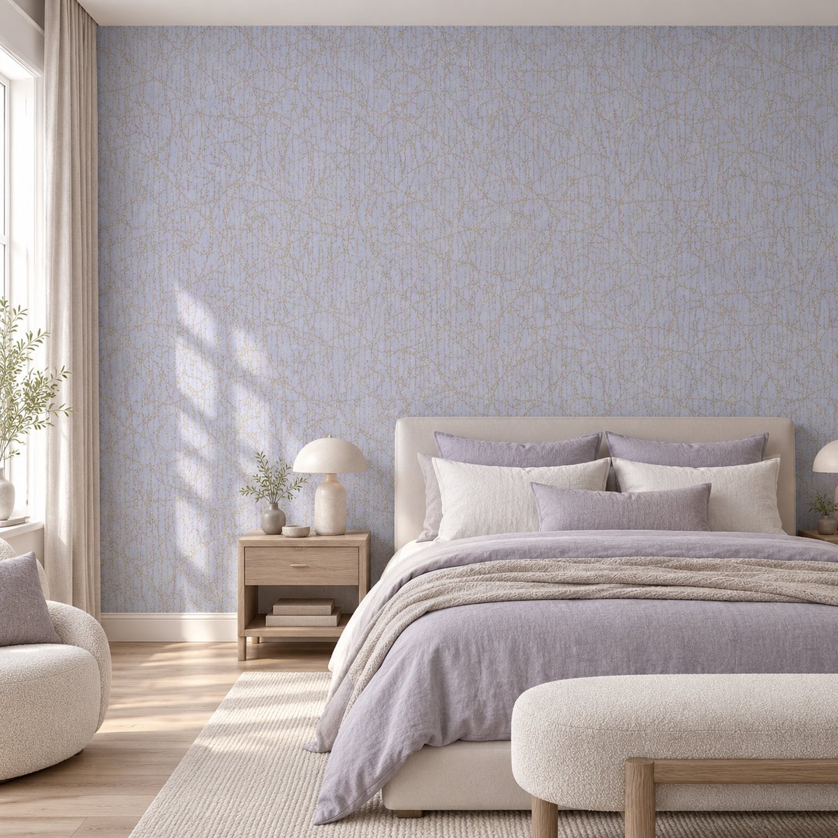 Lilac Mist, peel and stick wallpaper styled on a feature wall
