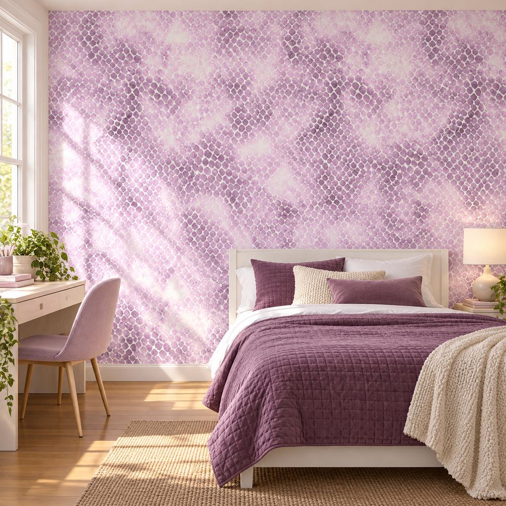 Lilac Texture peel and stick wallpaper styled on a feature wall