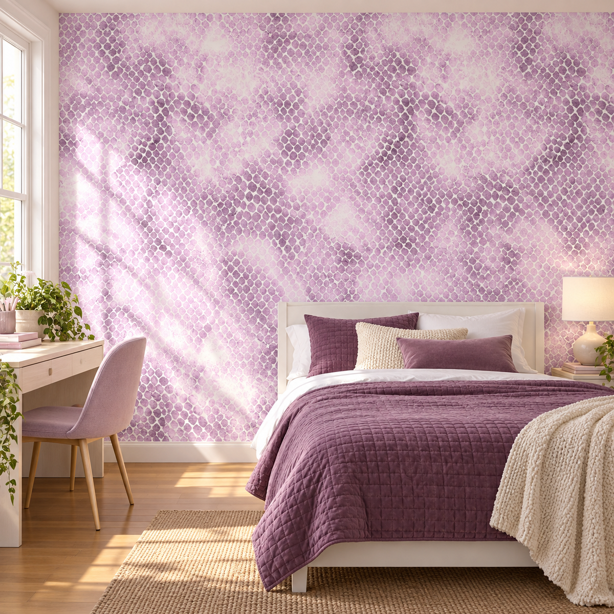 Lilac Texture peel and stick wallpaper styled on a feature wall