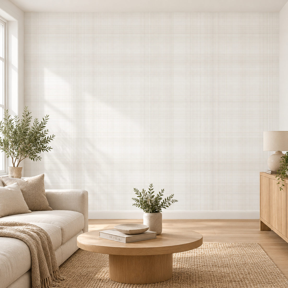 Linen Calm, peel and stick wallpaper styled on a feature wall