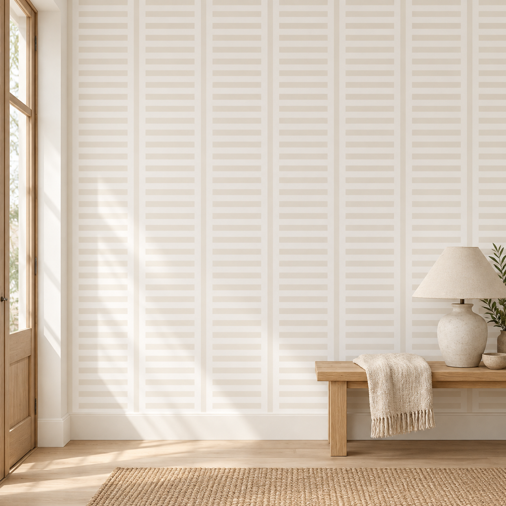 Linen Columns, peel and stick wallpaper styled on a feature wall