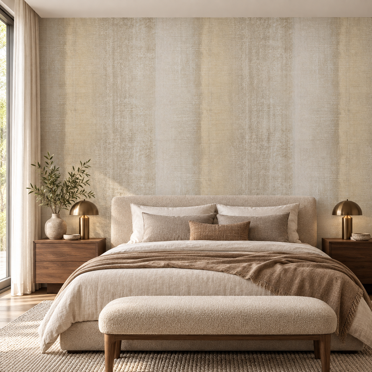 Linen Drift peel and stick wallpaper styled in a bedroom
