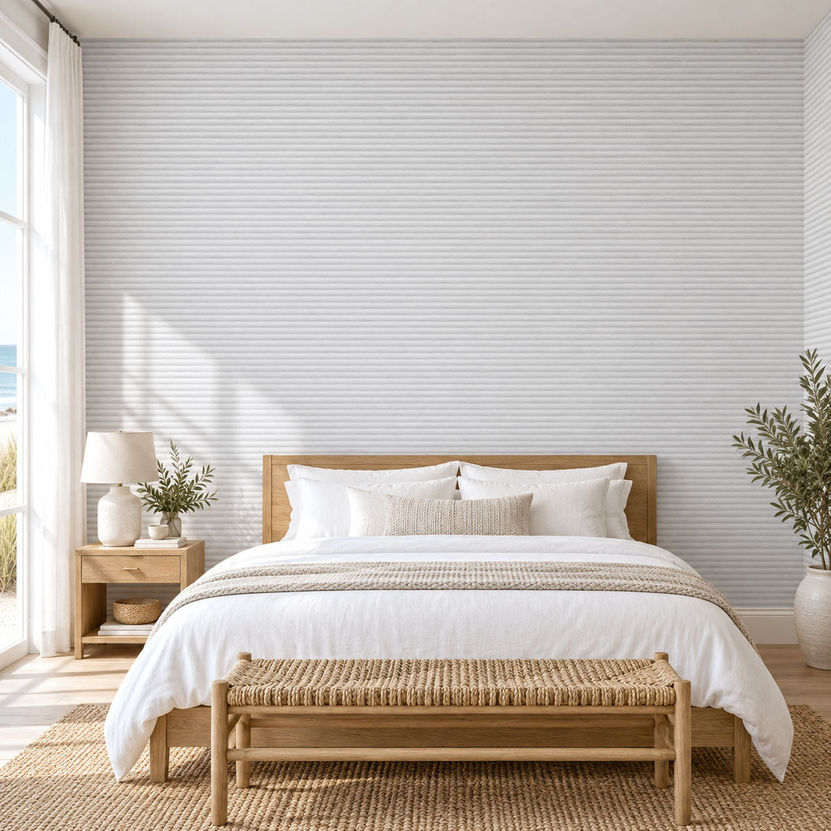 Linen Horizon, peel and stick wallpaper styled on a feature wall
