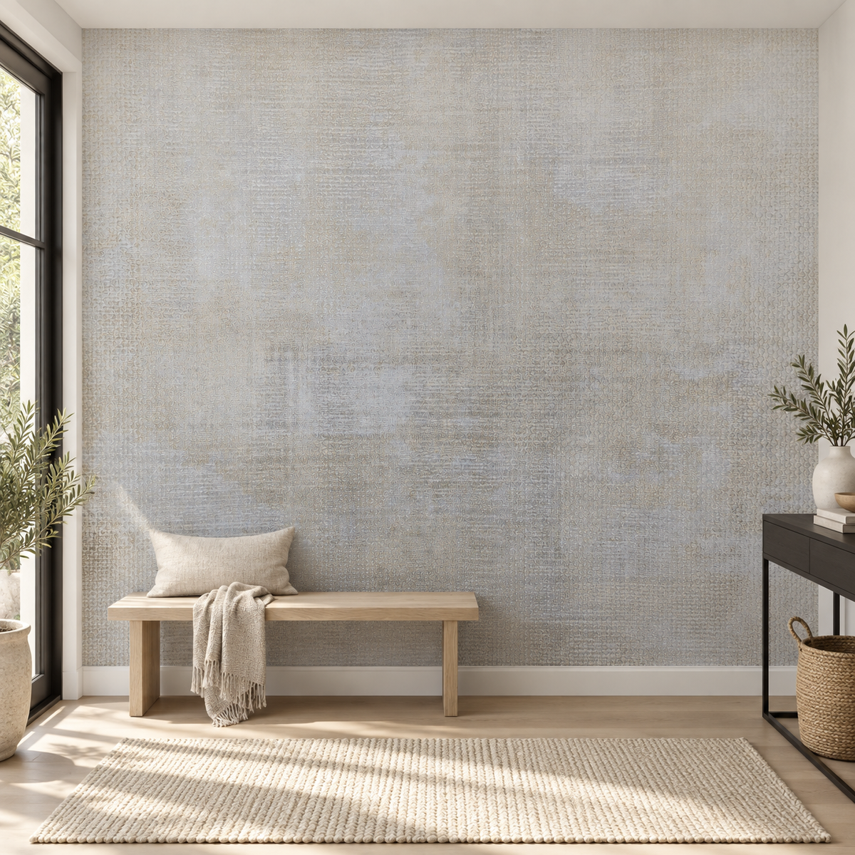 Linen Mist, peel and stick wallpaper styled on a feature wall