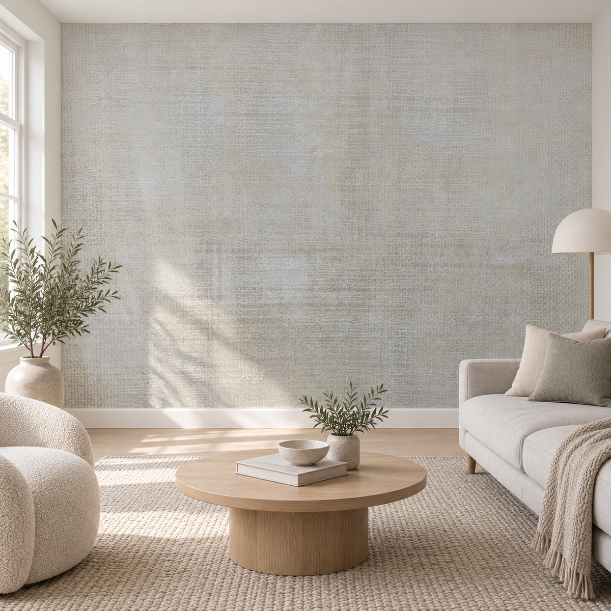 Greige Linen, peel and stick wallpaper styled on a feature wall