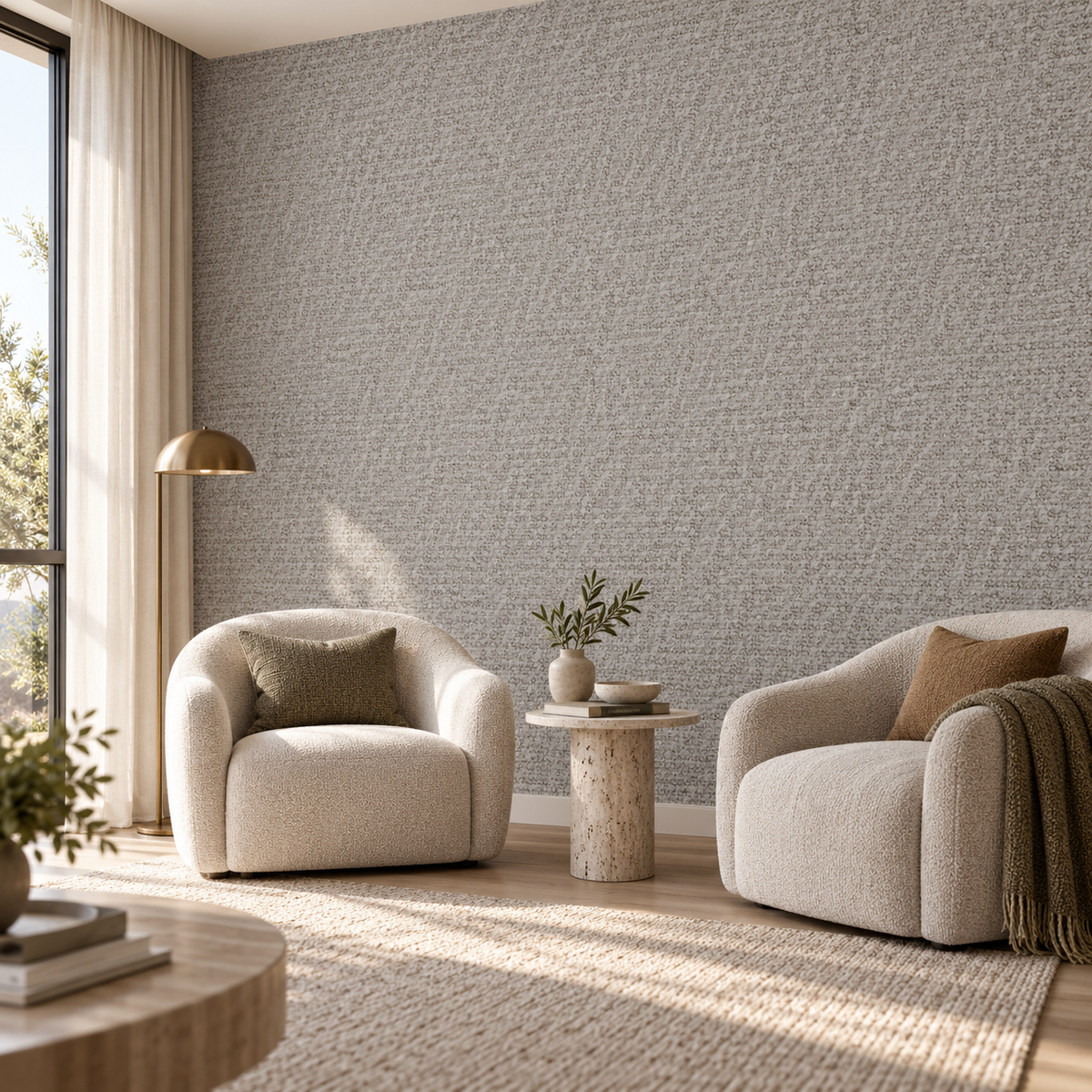 Linen Stone, peel and stick wallpaper styled on a feature wall