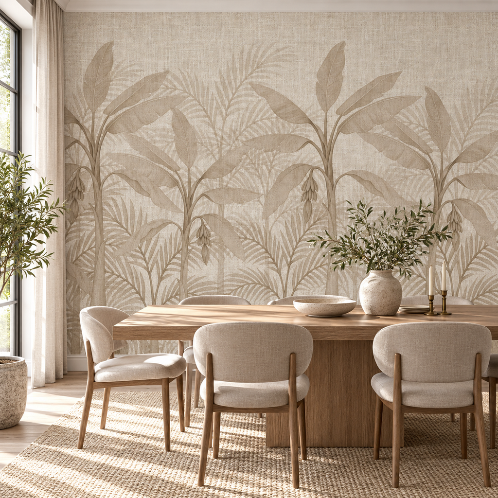 Linen Tropics, peel and stick wallpaper styled on a feature wall