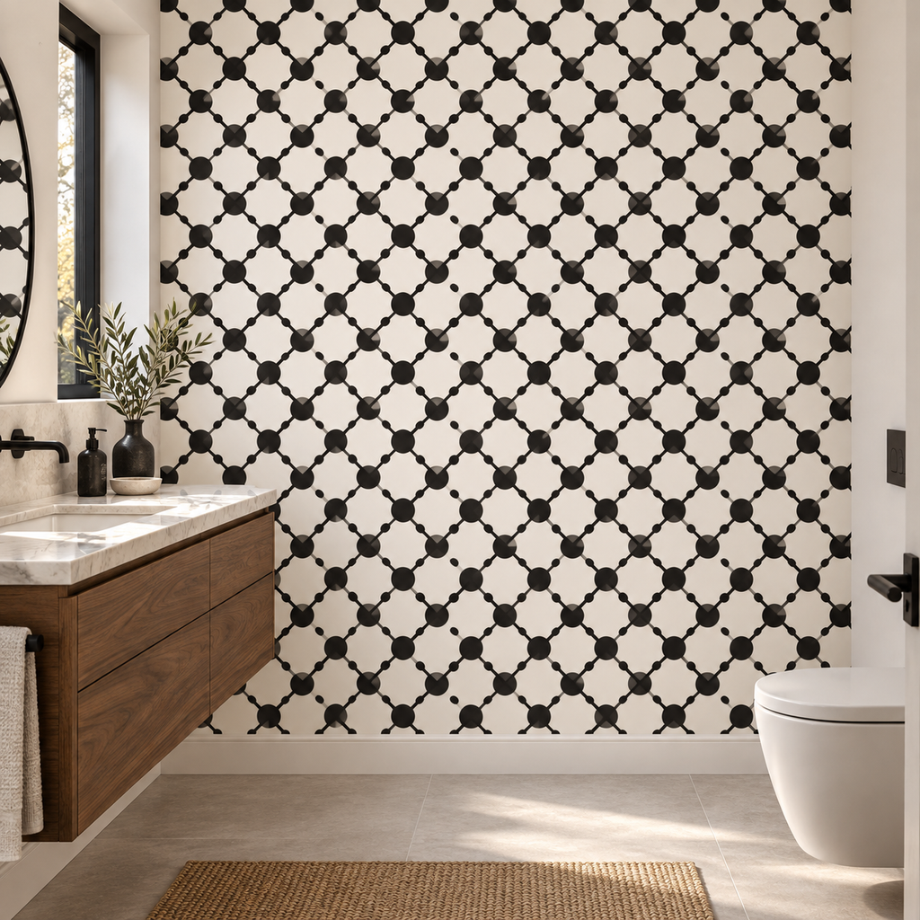 Linked Dots, peel and stick wallpaper styled on a feature wall