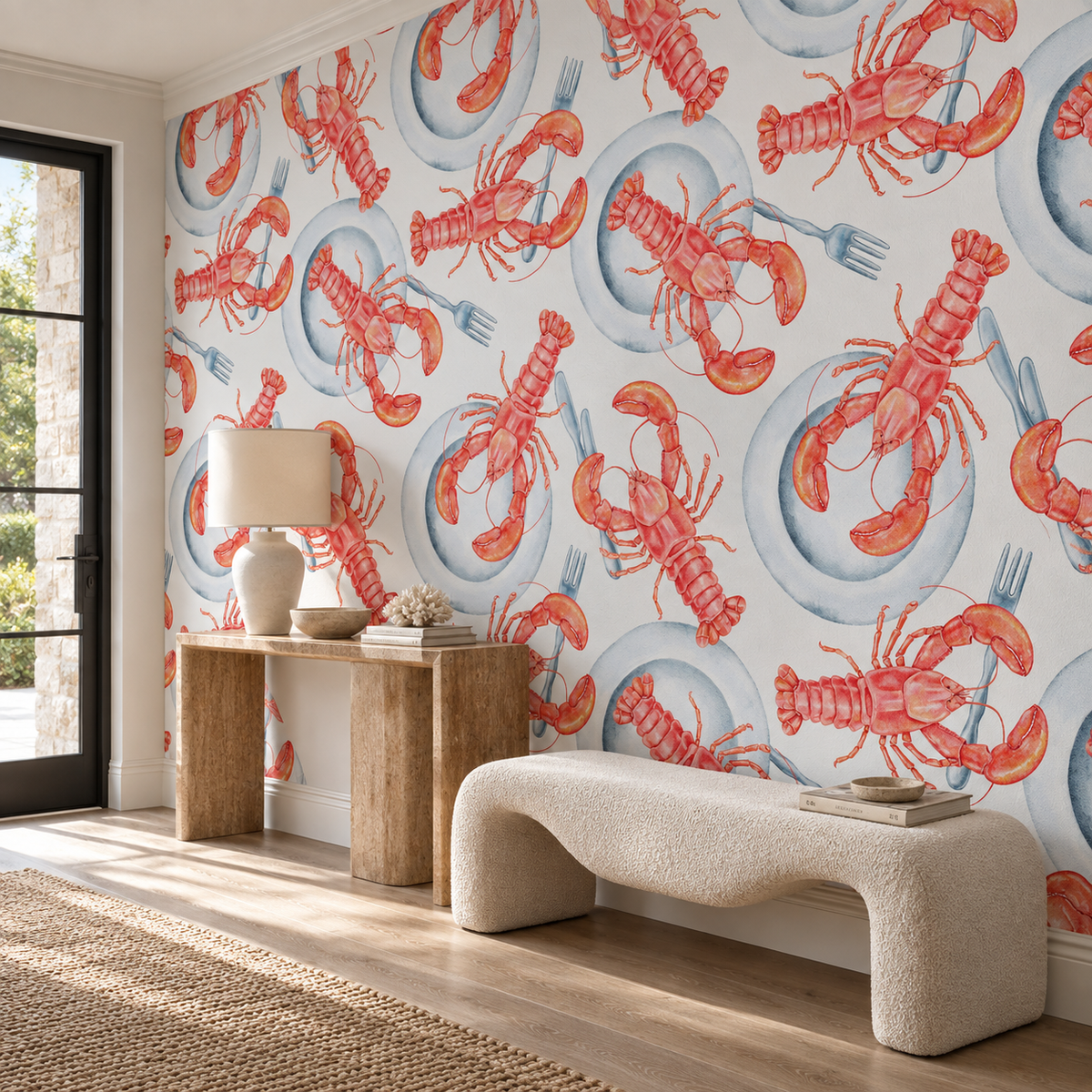 Lobster Feast, peel and stick wallpaper styled on a feature wall