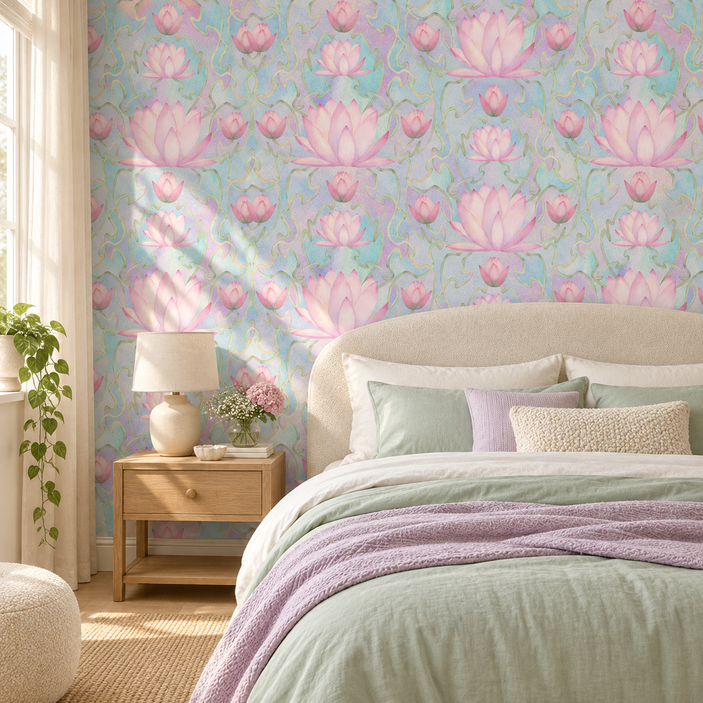 Lotus Dream peel and stick wallpaper styled on a feature wall
