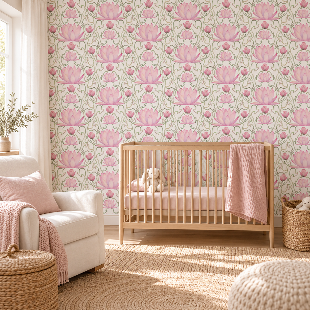 Lotus Harmony peel and stick wallpaper styled on a feature wall