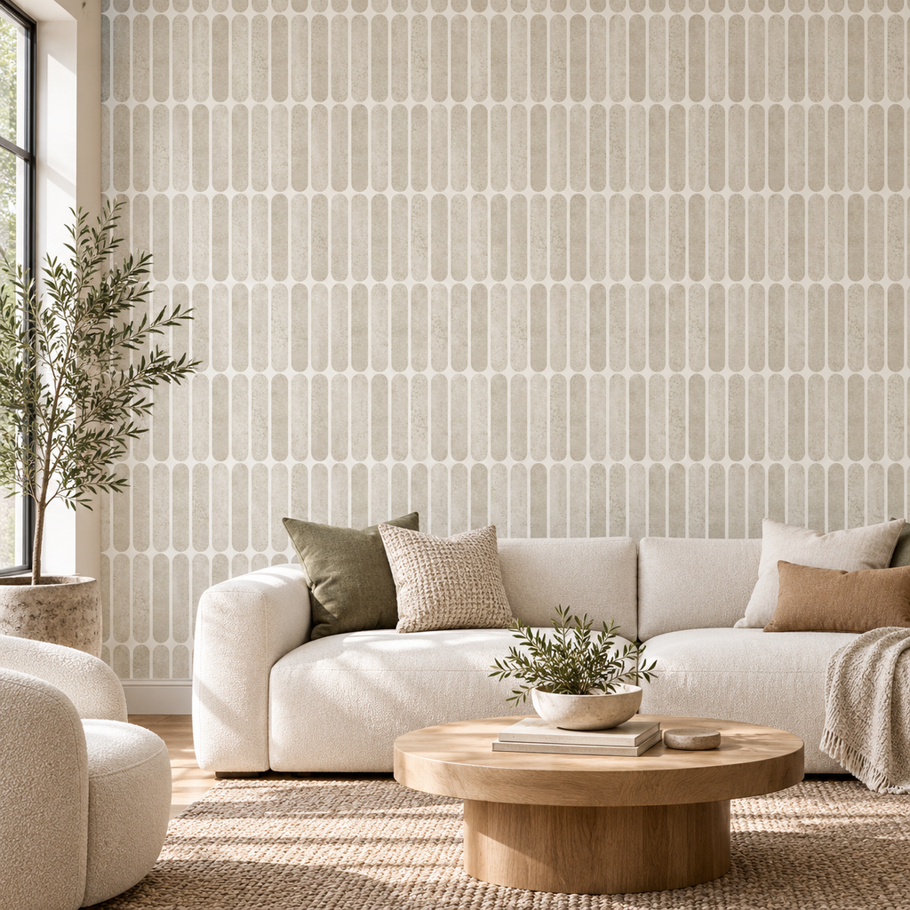 Lozenge Geometric Tile in Light Beige by Sarah Thorpe, peel and stick wallpaper styled on a feature wall