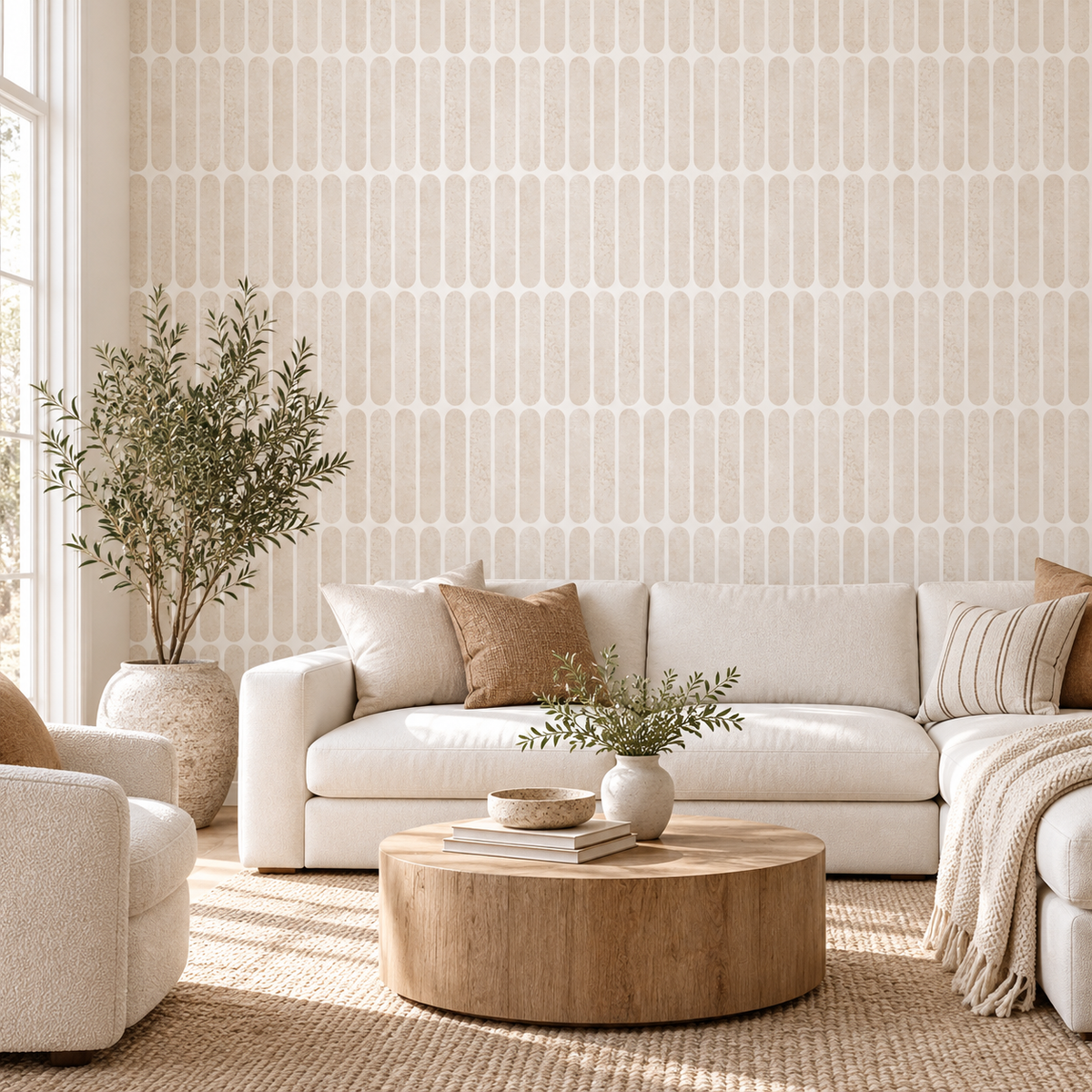 Lozenge Geometric Tile in Light Blush Pink by Sarah Thorpe, peel and stick wallpaper styled on a feature wall