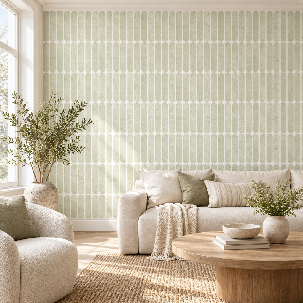 Lozenge Geometric Tile in Light Natural by Sarah Thorpe, peel and stick wallpaper styled on a feature wall