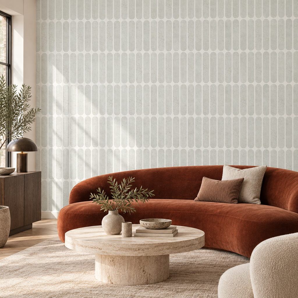 Lozenge Geometric Tile in Soft Grey by Sarah Thorpe, peel and stick wallpaper styled on a feature wall