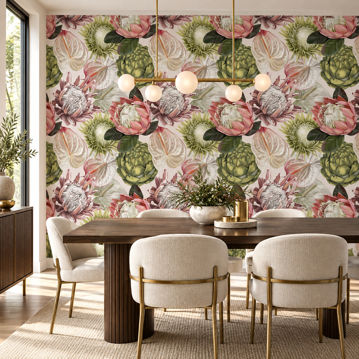 Lush Botanica peel and stick wallpaper styled in a dining room