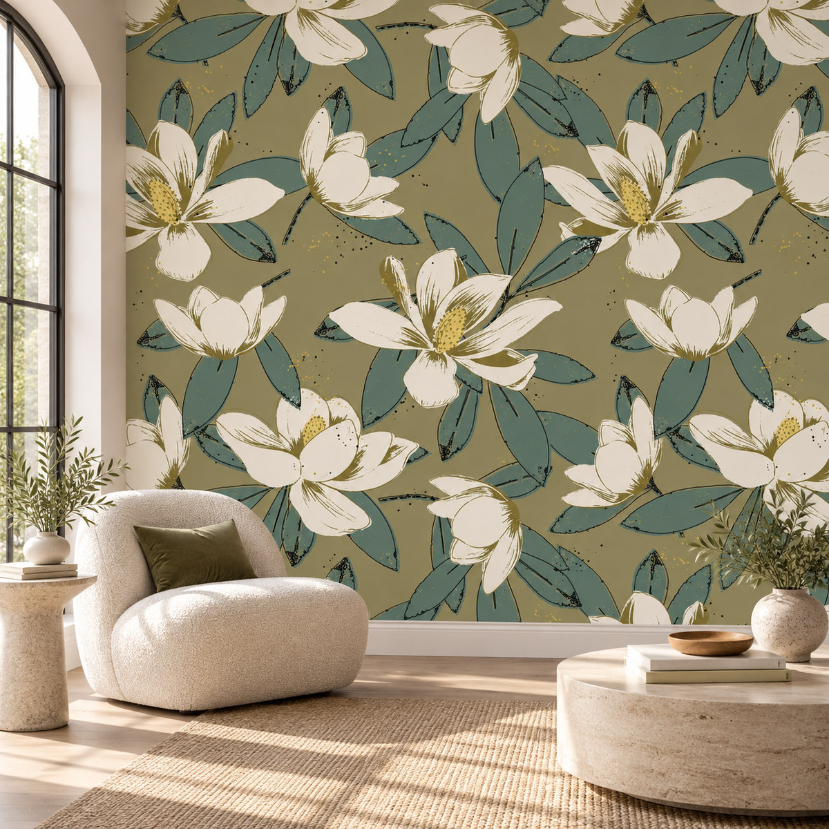Magnolia Grove, peel and stick wallpaper styled on a feature wall