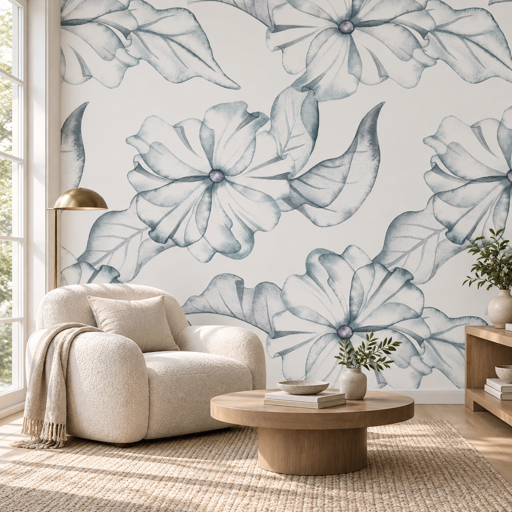 Magnolia Sketch, peel and stick wallpaper styled on a feature wall