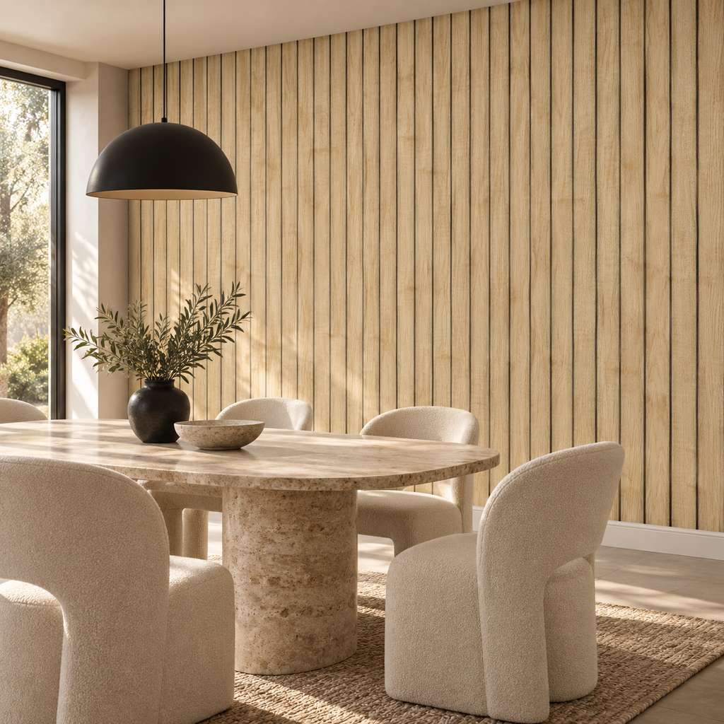 Maple Panels, peel and stick wallpaper styled on a feature wall