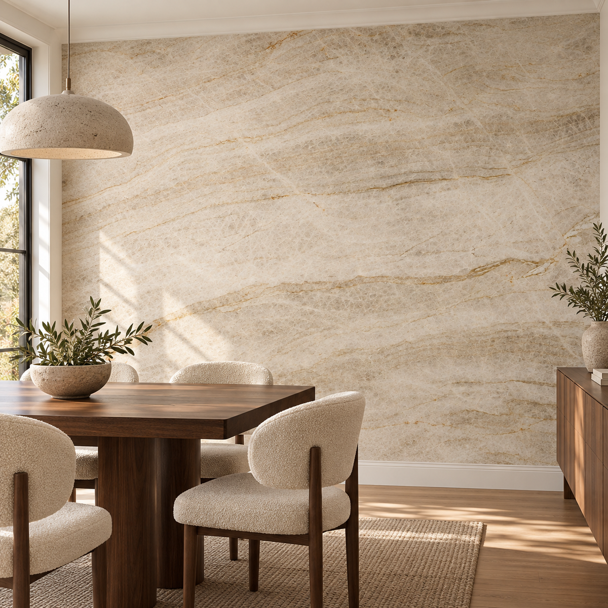 Marble Drift, peel and stick wallpaper styled on a feature wall