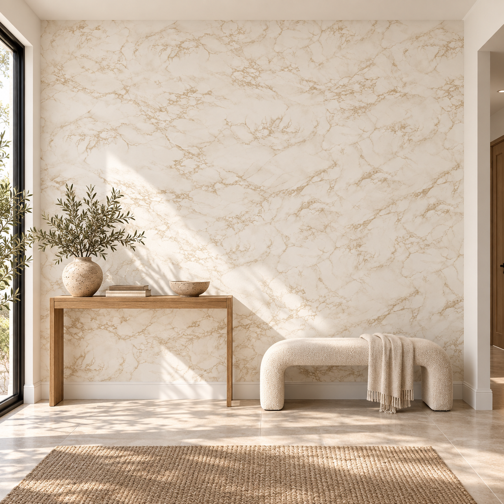 Marble Whisper, peel and stick wallpaper styled on a feature wall