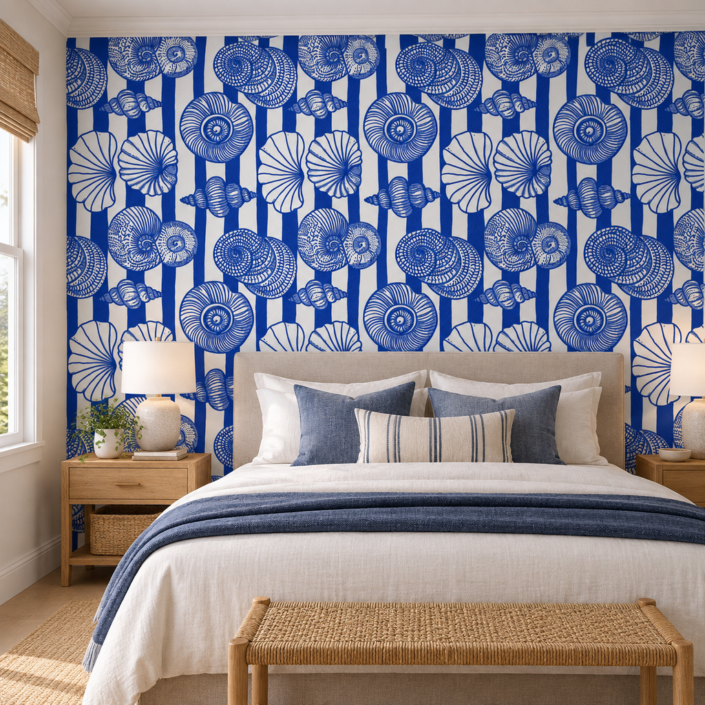 Maritime Stripes, peel and stick wallpaper styled on a feature wall