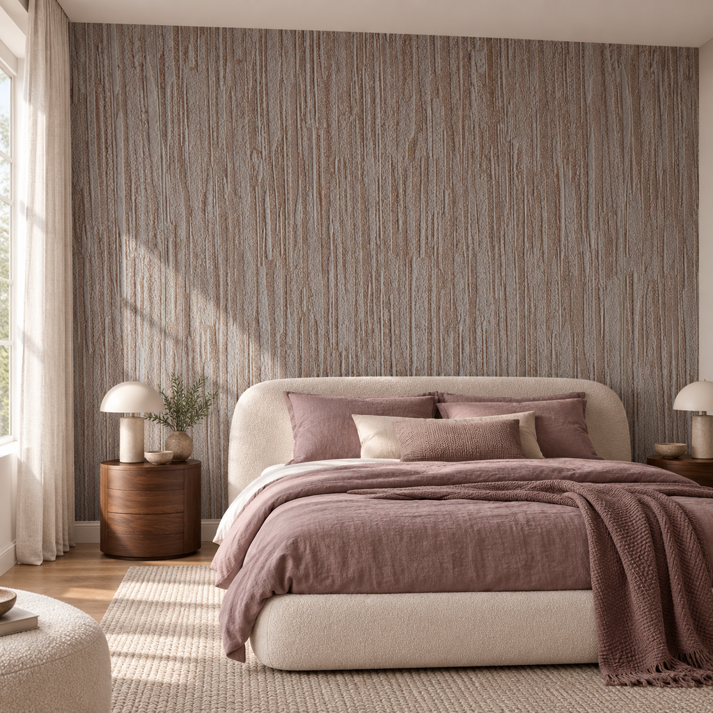 Mauve Grain, peel and stick wallpaper styled on a feature wall