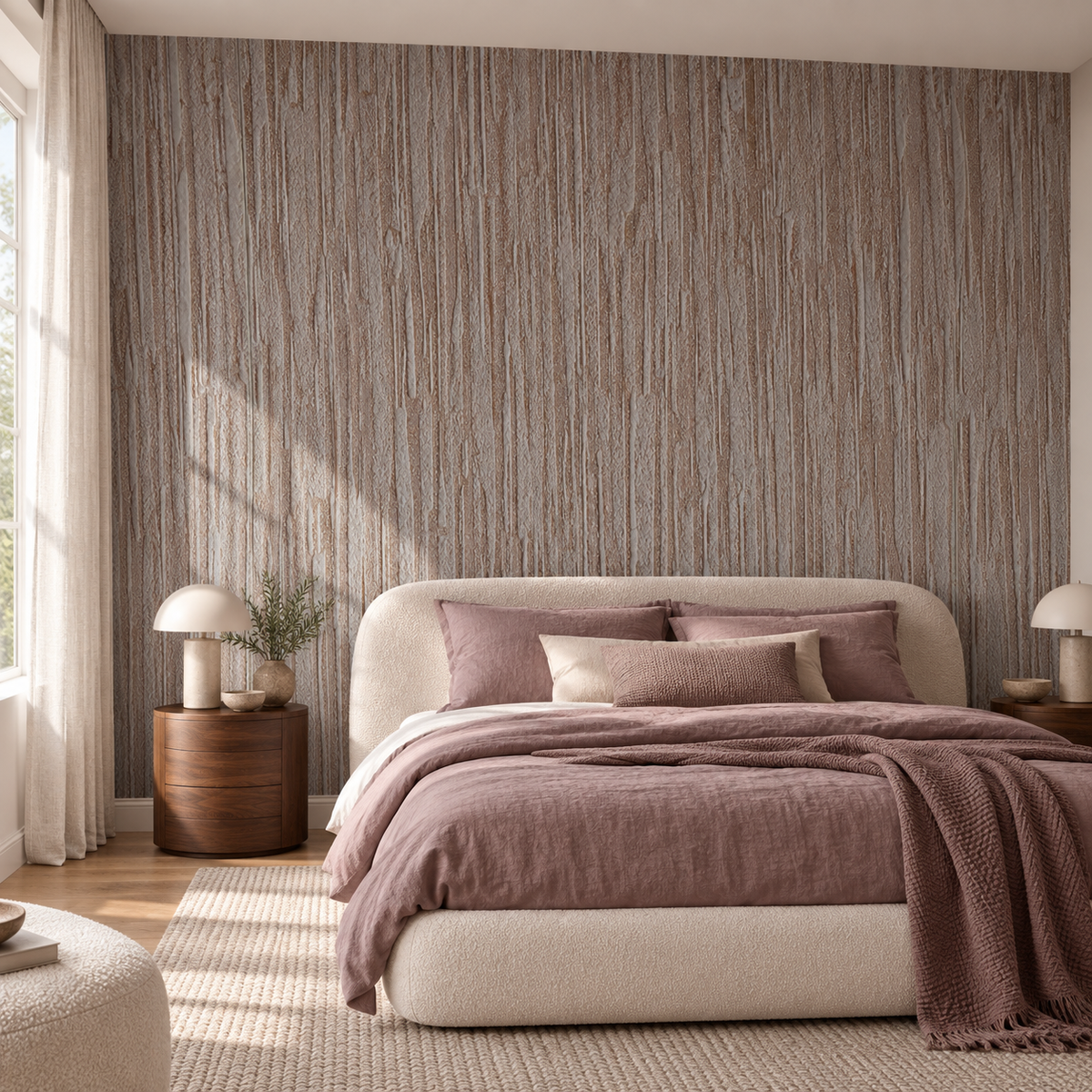 Mauve Grain, peel and stick wallpaper styled on a feature wall