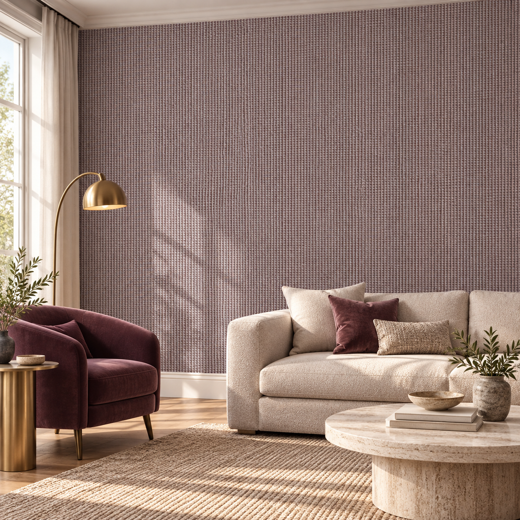 Mauve Linen, peel and stick wallpaper styled on a feature wall