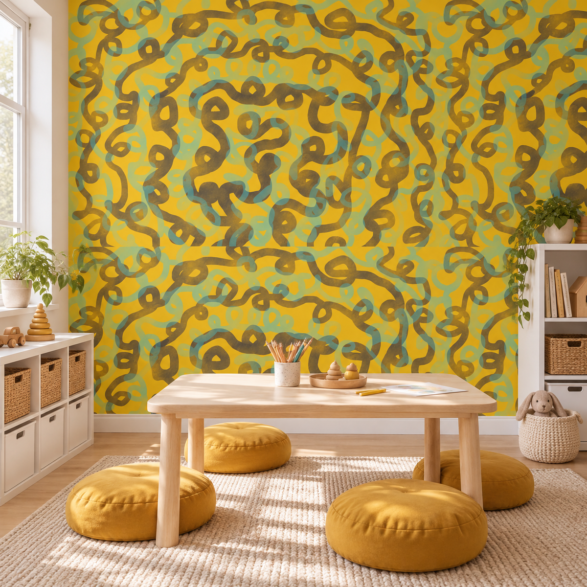 Maze Doodle peel and stick wallpaper styled on a feature wall