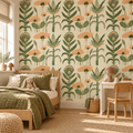 Meadow Blooms peel and stick wallpaper styled on a feature wall
